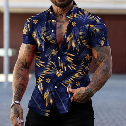 Men's Black and Gold Flower Shirts Summer Plant Print Lapel Shirt Hawaiian Style Beach Short Sleeved Button Up
