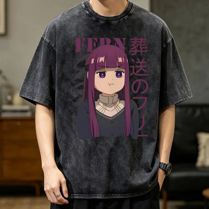 Harajuku Anime Frieren T-shirt Vintage Washed Tshirt Cartoon T Shirt for Men's Clothing High Quality Pure Cotton Tees Tops