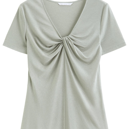 FSLE 2026 Spring Summer Women's Slim Fit V-Neck Short Sleeve Knit Top Mulberry Silk Cupro Blend Shirt for Lightweight Soft Touch