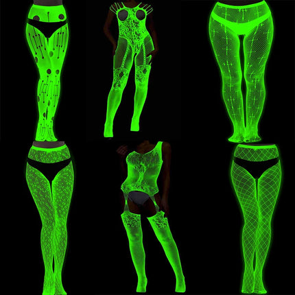 Glowing Green in the Dark Lingerie Women Sexy Erotic Underwear Stocking Porno Costumes Bodystocking Bobysuit Pantyhose