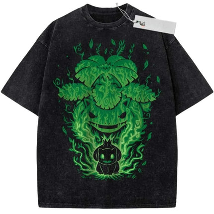 Oversize Vintage Washed Pokemon T Shirt Cute Mimikyu Cartoon with Small Ghost Companion Graffiti Print Streetwear Casual Wear