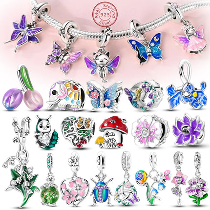 Spring Charms Beads Pendant 925 Sterling Silver Flower Butterfly Dragonfly Mushroom Charms Fit Bracelet Woman Man DIY Jewelry