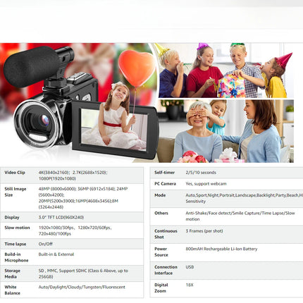4K Camcorder with Microphone 18X Zoom Infrared Vlogging Video Camera for Youtube 48MP Portable Digital Recorder Live Streaming
