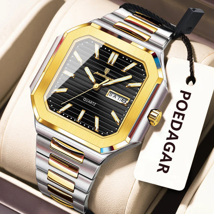 POEDAGAR Top Luxury Brand Men's Watch Waterproof Luminous Date Week Quartz Men's Watches Stainless Steel Fashion Square Men's Watch