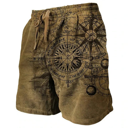 Men's Beach Shorts Compass Pattern 3D Retro Printed Shorts Men's Summer Breathable Drawstring Shorts Fitness Street Shorts