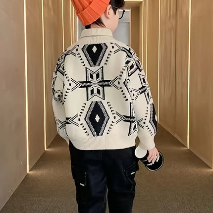 Boys' Sweater, Stylish Winter Clothing, New Style for Young Children, Lapel Collar, Thickened Autumn and Winter Knit Top, Korean Style