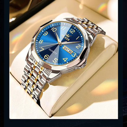 OLEVS Original Luxury Brand Watch for Men Waterproof Silver Stainless Steel Classic Casual Quartz Wristwatch Date Week Man Gift