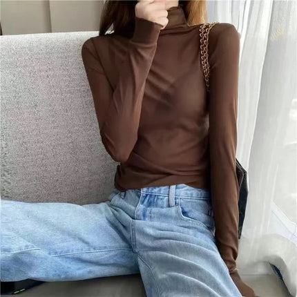 High Neck Sheer Mesh Top Women Clothing Long Sleeve Turtleneck T-shirt Korean Sexy See Through Black White Beige Shirt New