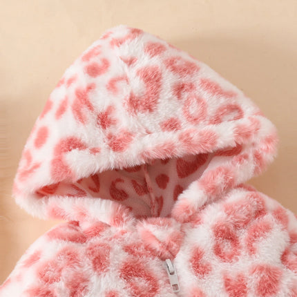 Cute Casual Light Pink Plush Autumn and Winter Leopard Print Comfortable Hooded Baby Jumpsuit