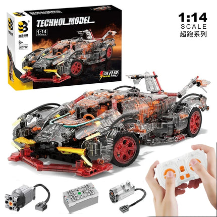 Transparent V12 Block Roadster RC Tech Racer 1:14 DIY Roadster Building Block Assembly Block Car Toy Birthday Gift
