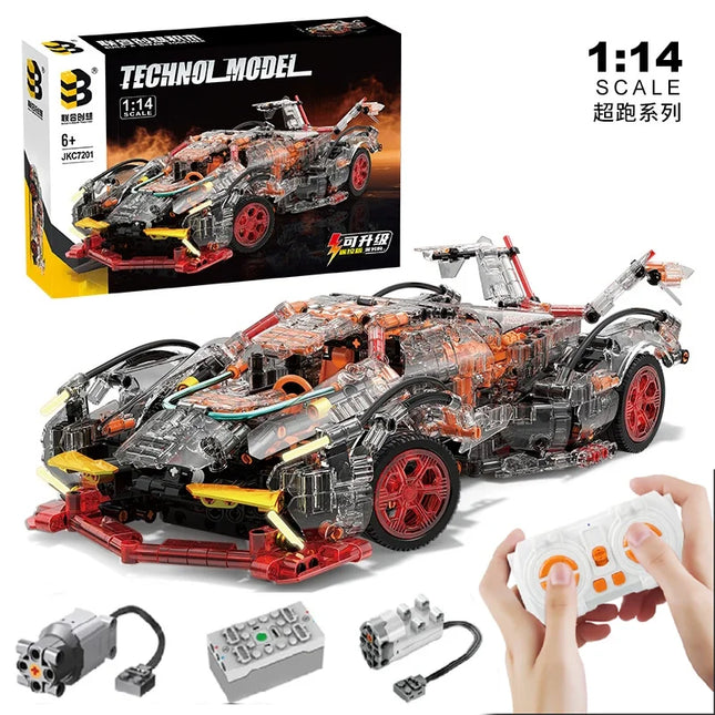 Transparent V12 Block Roadster RC Tech Racer 1:14 DIY Roadster Building Block Assembly Block Car Toy Birthday Gift