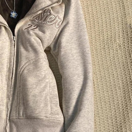 Y2k Aesthetic Vintage Fur Patchwork Hoodies Autumn Grunge Letter Embroidery Hoody Streetwear Cropped Zipper Sweatshirt Jackets