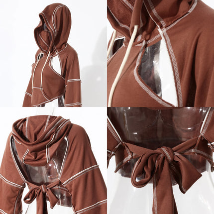 Y2k Gothic Womens HoodieTop HoodedSweatshirt Hollow Out Lace Up Long Sleeve HoddedCasualPullover Autumn