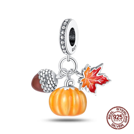 Autumn New 925 Sterling Silver Brown Maple Leaf Pumpkin Bee Charms Bead Fit 3mm 925 Original Bracelets DIY Jewelry Warm Gift