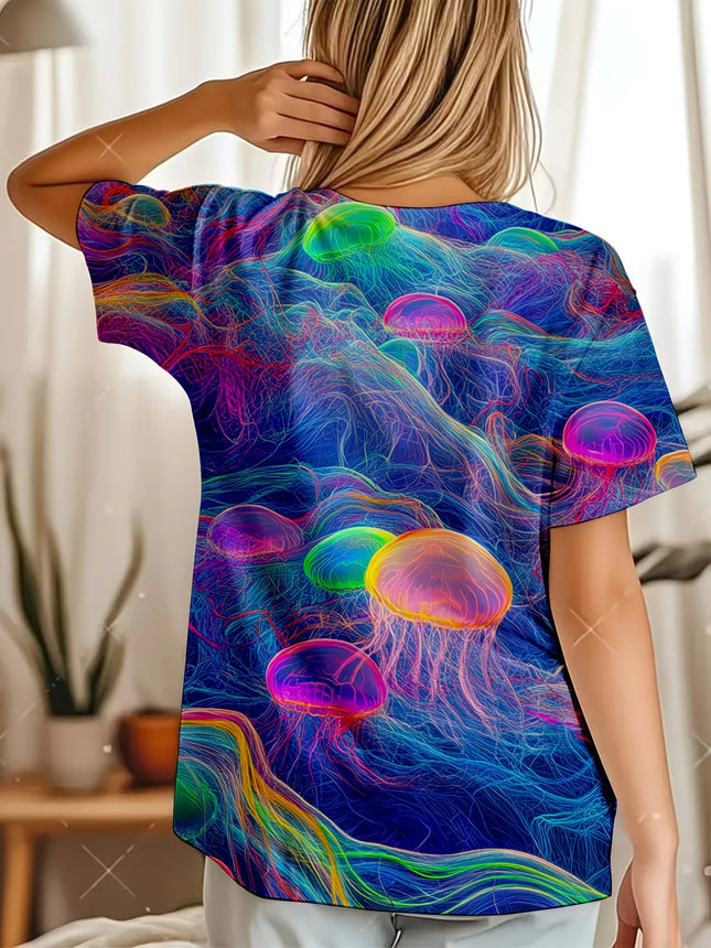 New Summer Collection for 2026! Fashionable and Colorful Jellyfish 3D Printed T-shirt,loose and Slimming Versatile Top for Women