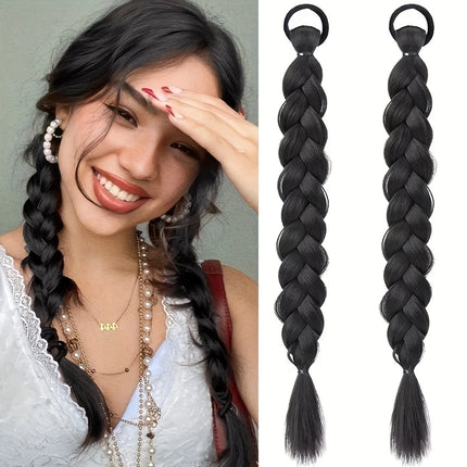2pcs Braiding Ponytail Hair Extensions Synthetic Long Wrap Around Braided Horse Tail Brown Braid Ponytail for Women Hairpiece
