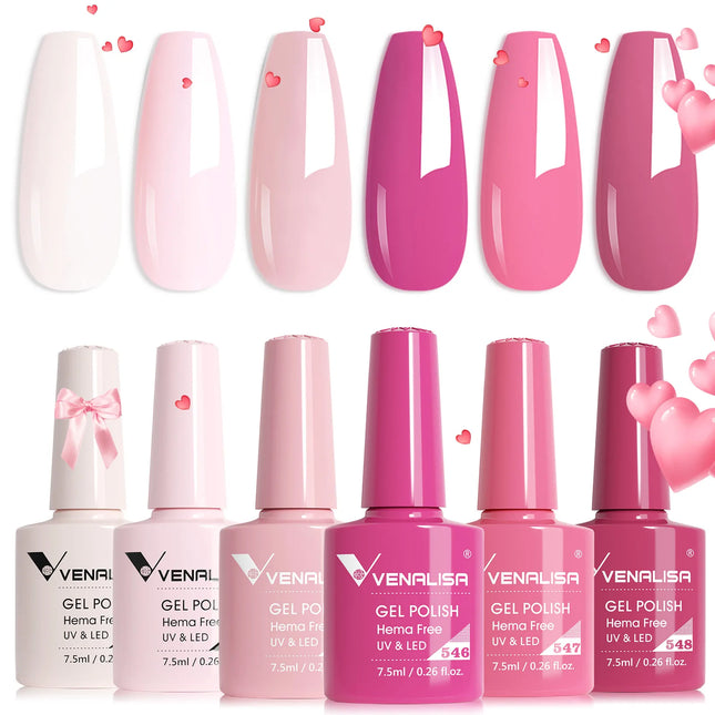 6pcs/kit VENALISA Valentine's Day Collection Lovely Pink Nails HEMA FREE TPO FREE Soak Off UV LED Semi Permanent Set Gel Varnish