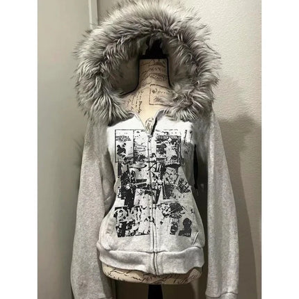 Vintage American Furry Hoodie Women Y2K Harajuku Faux Fur Collar Jacket Slim Waist Belted Hot Girl Fashion Sweat Outerwear New