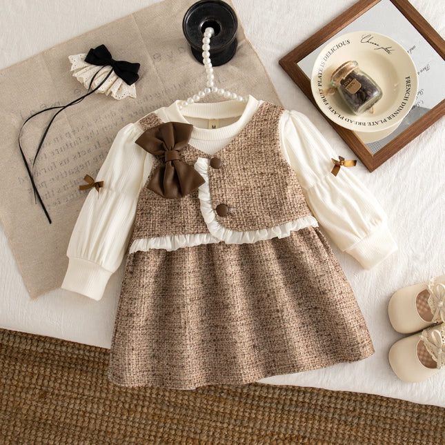 Girls' Evening Party Costume Spring Autumn Korean Style Baby Girl Dress Lace Bow Design Long-Sleeved Black Dress 0-2 Years