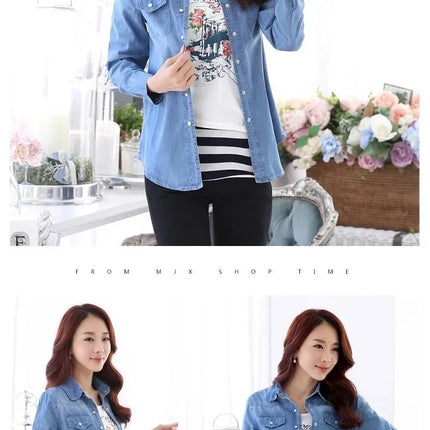 Slim Fit Cotton Denim Shirt Long Sleeve Women's Spring Autumn Summer Student Professional Outerwear Fashionable Casual Top