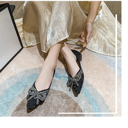 Women Flat Elegant Fashion Women Flat Fashion Ballet Shoes Ladies Bling Crystal Bow Tie Pointed Toe Flats Shoes Zapatos De Mujer