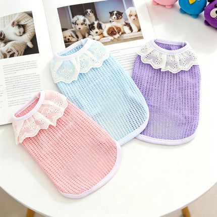 Adorable lace-edged pet tank tops in three colors, cooling mesh for dogs, anti-shedding clothes for cats