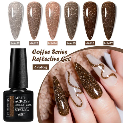 6pcs Coffee Brown Reflective Glitter Gel Nail Polish Set Dark Flashy Semi Permanent Soak Off UV Gel Varnish Nail Supplies Salon