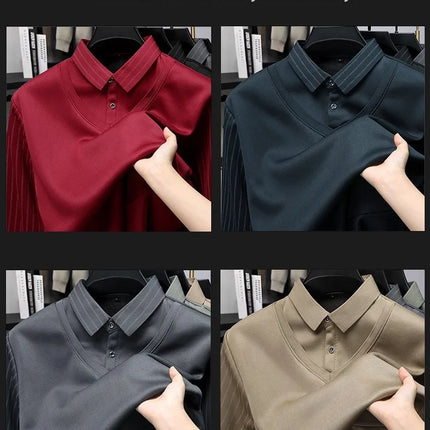 Men's Winter Thickened Fleece Lined Knitwear Polo Shirt Long Sleeve Loose Fit Solid Color Thermal Base Layer Two-Piece Look