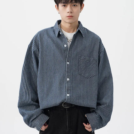 Vintage-Washed Denim Striped Long-Sleeved Shirt for Men Patchwork Design Loose-Fit Casual Shirt