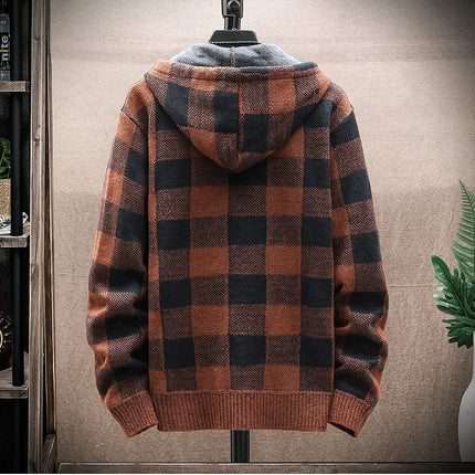 2023 Autumn/winter Fleece-lined Trendy Color Block Versatile Hooded Men's Cardigan Youth Outerwear Knitted Top For Men