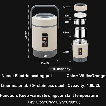 12V Car Electric Lunch Box Portable Outdoors 304 Stainless Steel Keep Warm Pot Double-layer Lunch Box 220V Food Heater 1.6L/2L