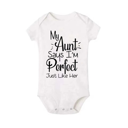"My Aunt Says I'm Perfect Just Like Her" Funny Letter Printed Newborn Infant Baby Girl Clothes Short Sleeve Jumpsuit Outfits