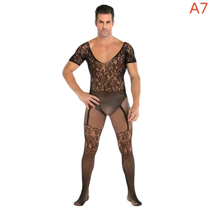 Men's Black Sexy Fishnet Body Stockings Plus Size Male Erotic Underwear Exotic Open Crotchless One-pieces Body suits for Man