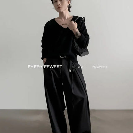 Harajuku Work Wear Wide Leg Suit Pants Men Business Pleated Curved Straight Long Trousers Streetwear Loose Casual Baggy Pants