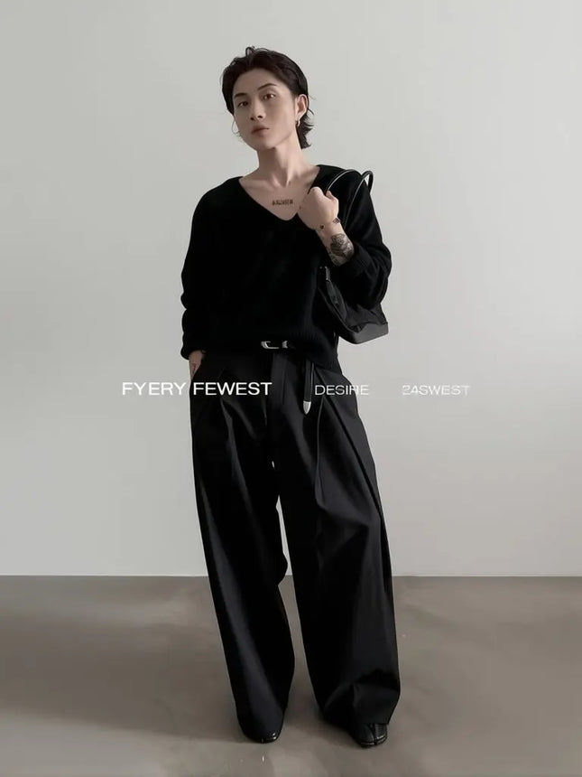 Harajuku Work Wear Wide Leg Suit Pants Men Business Pleated Curved Straight Long Trousers Streetwear Loose Casual Baggy Pants