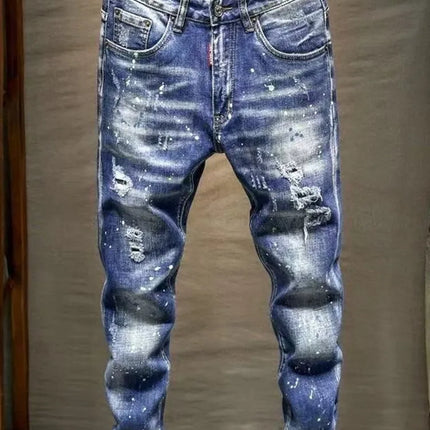 Spring and Autumn New Fashion Trend Ripped Retro Straight Leg Blue Jeans Men's Casual Loose Comfortable Breathable Denim Pants