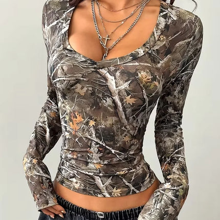 Women's Y2K Street Top Tree Branch Pattern Full V-neck T-shirt