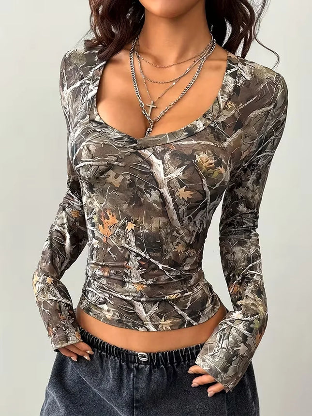 Women's Y2K Street Top Tree Branch Pattern Full V-neck T-shirt