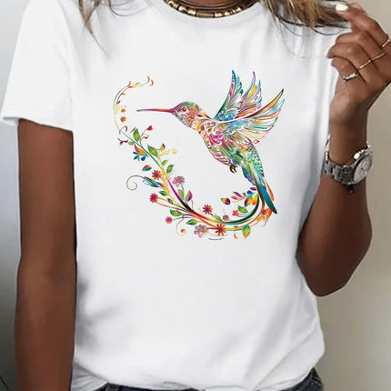 Hummingbird print short-sleeved T-shirt spring and summer casual crew neck top women's clothing women clothing