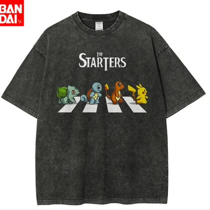 Pokemon The Starters Abbey Road Parody T Shirt Men 2026 Summer Vintage Acid Wash Oversized Tee Anime Streetwear