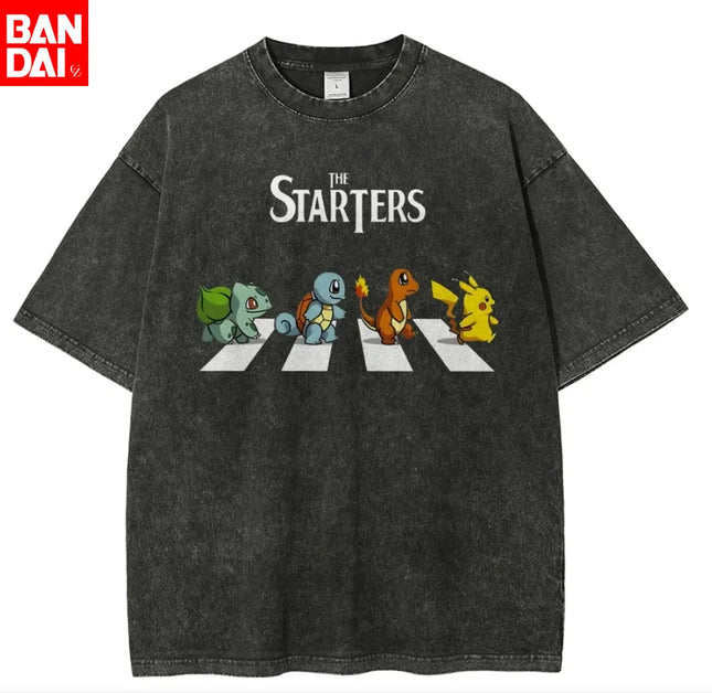 Pokemon The Starters Abbey Road Parody T Shirt Men 2026 Summer Vintage Acid Wash Oversized Tee Anime Streetwear