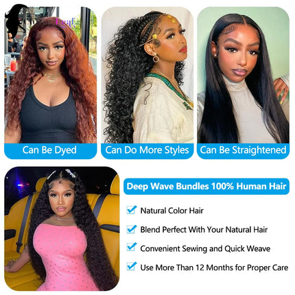 12A Deep Wave Bundles Human Hair Brazilian Remy 30 32 Inch Raw Curly Hair Bundles 100% Human Hair Extensions 3/4 PCS Double Weft Wet Human Hair Bundles Thick Full Ends Soft Bouncy Hair For Women Salon Grade Long Lasting Luxur