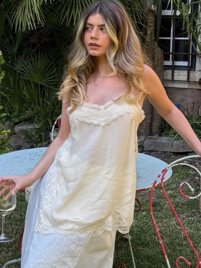 Women Lace Patchwork Sling Top Sexy V-neck Sleeveless Side Split Solid Color Vest 2025 New Summer Lady Party Vacation Tops