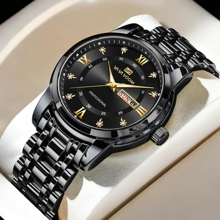 VA VA VOOM Luxury Watch Men Gold Blue Rhinestone Stainless Steel Business Style Original Quartz Movement Week Couple Men Watches