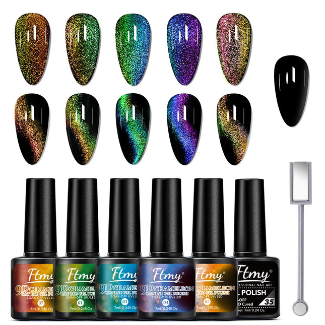 6 colors Starry Sky Effect Magnetic Gel Polish Set with Soak Off UV LED Cat Eye Gel Polish Manicure Nail Art Kit - Magnetic Stic