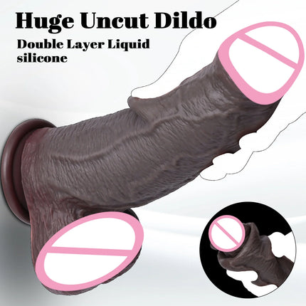 Realistic Silicone Dildo Black Soft Penis Sliding Foreskin Cock Male Genitals Vaginal Masturbation Suction Cup Dick Anal Sex Toy