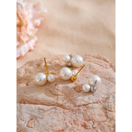 Yhpup Korean Style Imitation Pearls Round Stud Earrings Charm Stainless Steel Small Golden Daily Jewelry Gold Platinum Plated