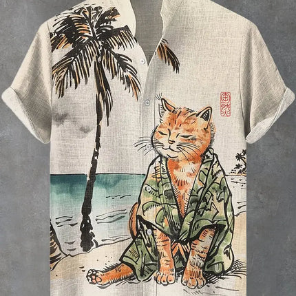 Men's Funny Cat Print Beach Shirts 3D Full Print Hawaiian Shirt for Men Women Summer Short Sleeve Lapel Aloha Shirt Blouse
