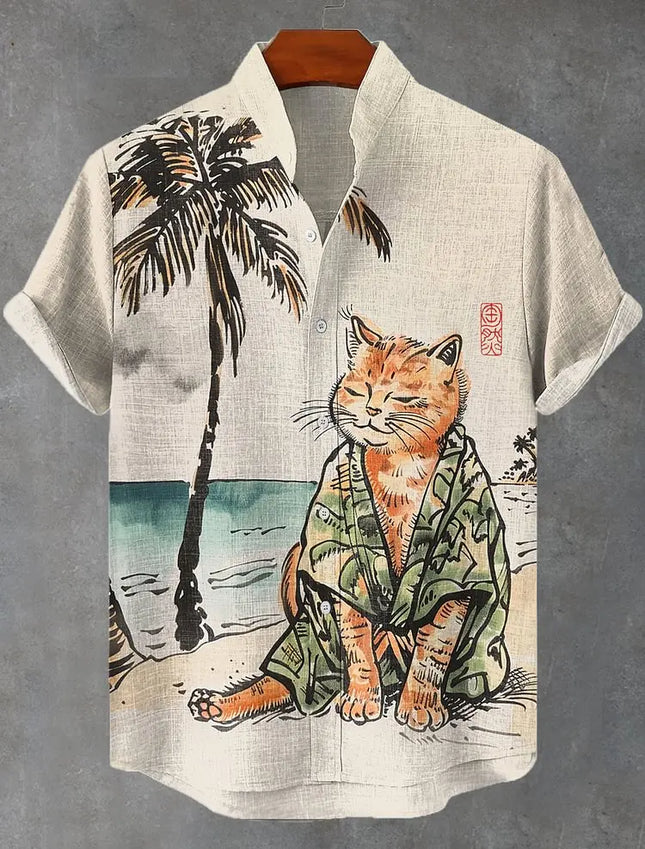 Men's Funny Cat Print Beach Shirts 3D Full Print Hawaiian Shirt for Men Women Summer Short Sleeve Lapel Aloha Shirt Blouse