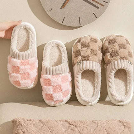 Fashion Couple Winter Toe Wrap Warm Plaid Plush Slippers Men Women Thick Soft Sole Slides Indoor Floor Flat Home Non-slip Shoes